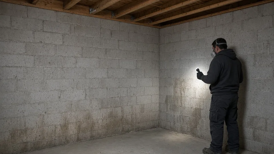 Professional inspecting a concrete block basement wall in a home basement