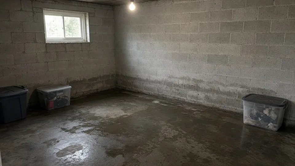Basement after water intrusion with damp lower wall and wet materials