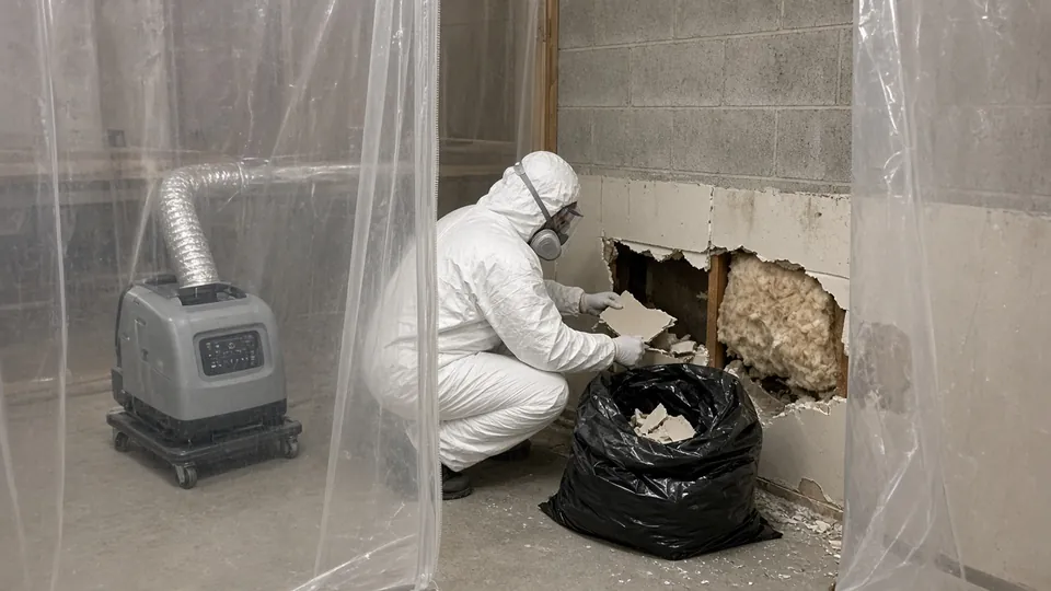 Contained basement work area with air filtration and protective equipment